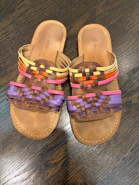 Multicolor Woven Leather Slide Sandals - Brown with Pink, Purple & Yellow Straps